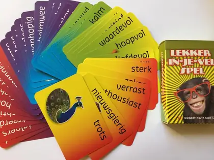 Voorbeeld van de coachingskaartjes van het Lekker in je vel spel